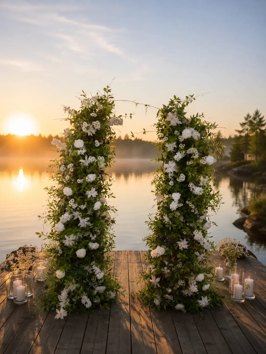 Wedding arches on a lake at sunrise