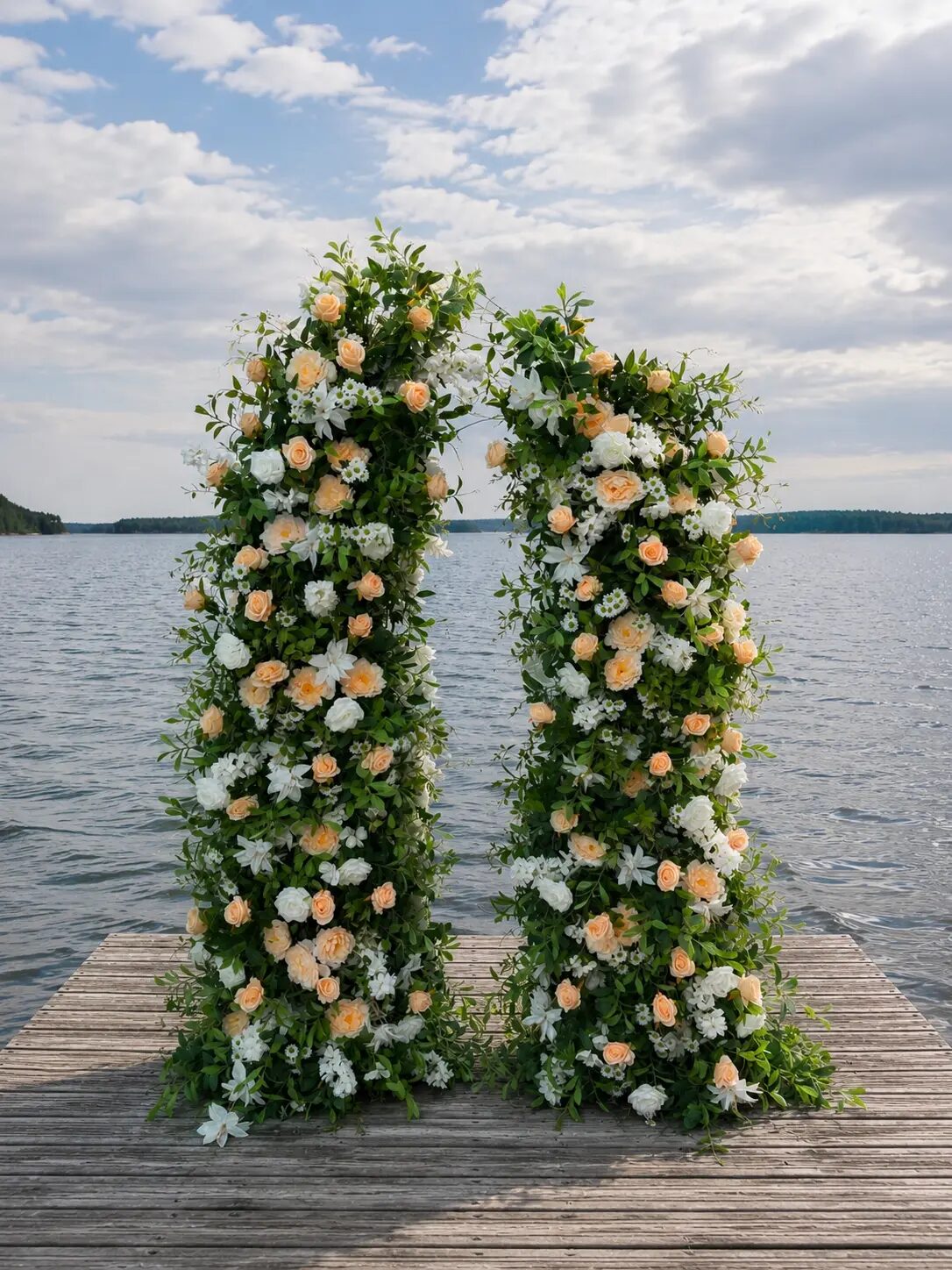 Peach rose arches on the lakeside