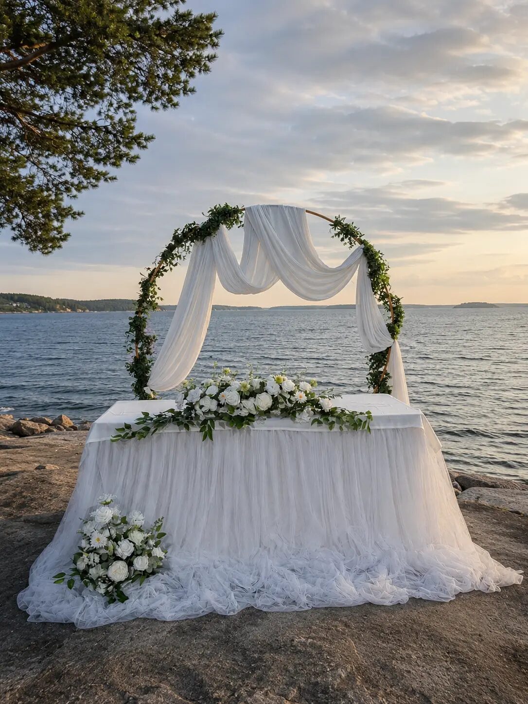 White wedding arch on a rocky shore